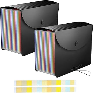 File Organiser 24 Pockets Document Organiser Expanding Accordion Filing Folders for Paperwork A4 Size with Lid and Colour Labels Rainbow Document Box for Paper and File Storage (Pack of 2)