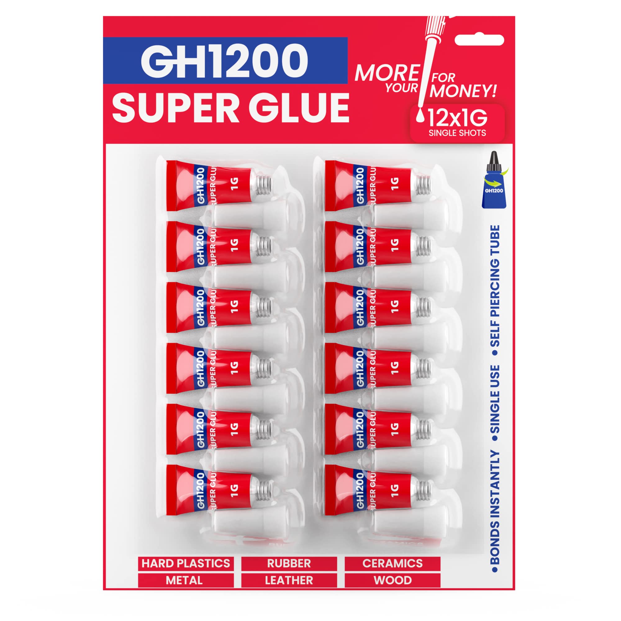 GH1200 Super Glue All Purpose 1g(12 Pack) with Pin Point Nozzle. Super Fast, Thi