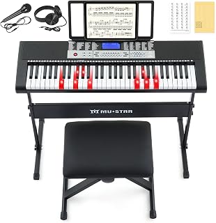 MUSTAR Keyboard Piano, 61 Key Electric Piano Keyboard with Light-Up Keys | 255 Tones/Rhythms,Smart Learning System,Headphone,Microphone,Keyboard Stand, Stool, Stickers,Piano Keyboard Set for Beginners