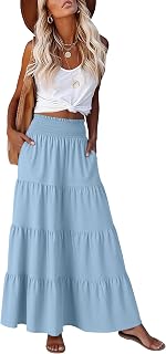 ANRABESS Womens Maxi Skirts, Elastic High Waist A-Line Tiered, Long Flowy Boho Skirts, Summer Casual Beach & Vacation Wear