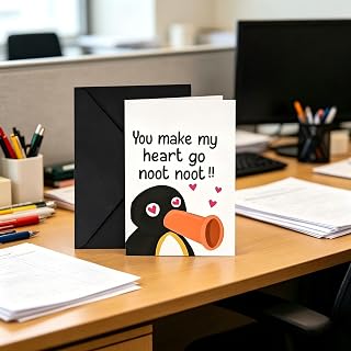 Cute Cartoon Penguin Anniversary Card - You Make My Heart Go NOOT NOOT NOOT - Perfect for your Wife Birthdays and comes with one end