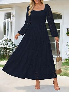 Maxi abito da donna a maniche lunghe con occhielli, scollo quadrato, in pizzo floreale, linea a trapezio, per primavera, matrimoni, ospiti