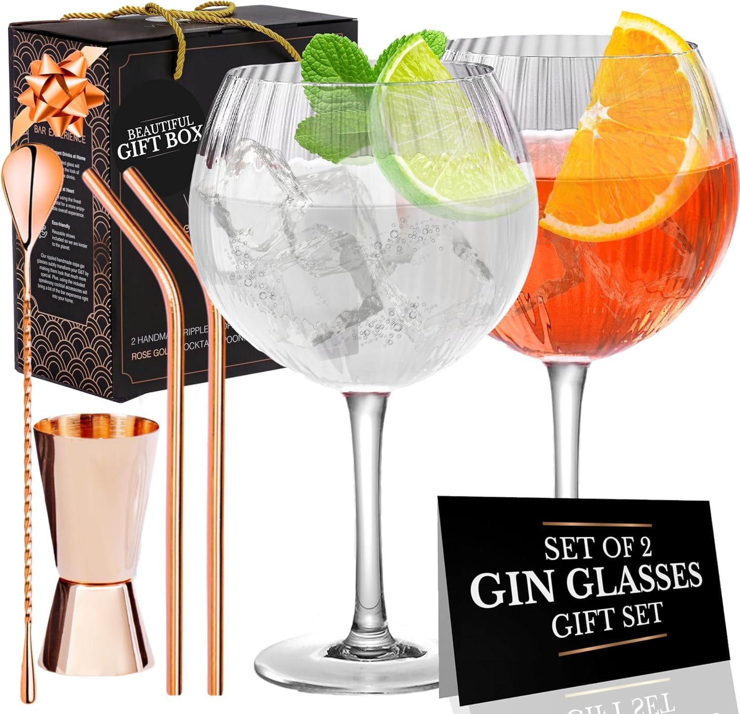 Vemacity Ribbed Gin Glasses Set of 2, Bar Tools, Crystal Gin Glass Gift Set