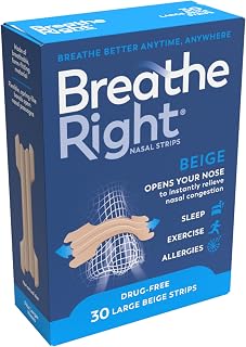 Breathe Right, Original Beige, Nasal Strips, Large, 30 Pieces | Nasal Strips for Snoring, Nose Strips for Breathing, Blocked Nose Relief, Drug-free Snoring Aid for Men and Women