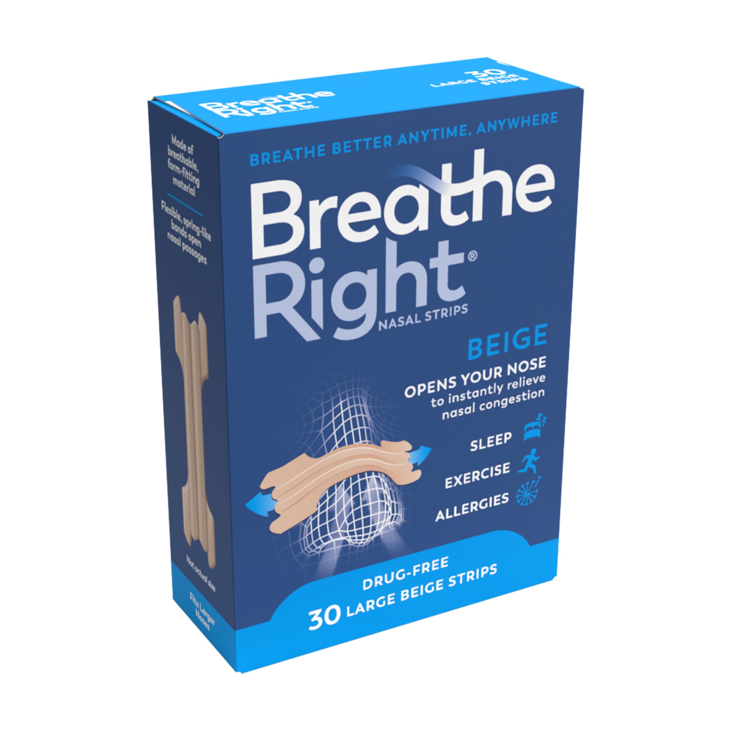 Breathe Right, Original Beige, Nasal Strips, Large, 30 Pieces | Nasal Strips for