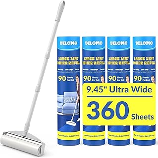 DELOMO 9.45” Large Lint Roller for Pet Hair, Long Handle for Floor & Carpet | 45” Long Sticky Roller, 360 Extra Sticky Sheets, No-Bend Cleaning for Couches, Bedding, Car Seats, Rugs and Furniture