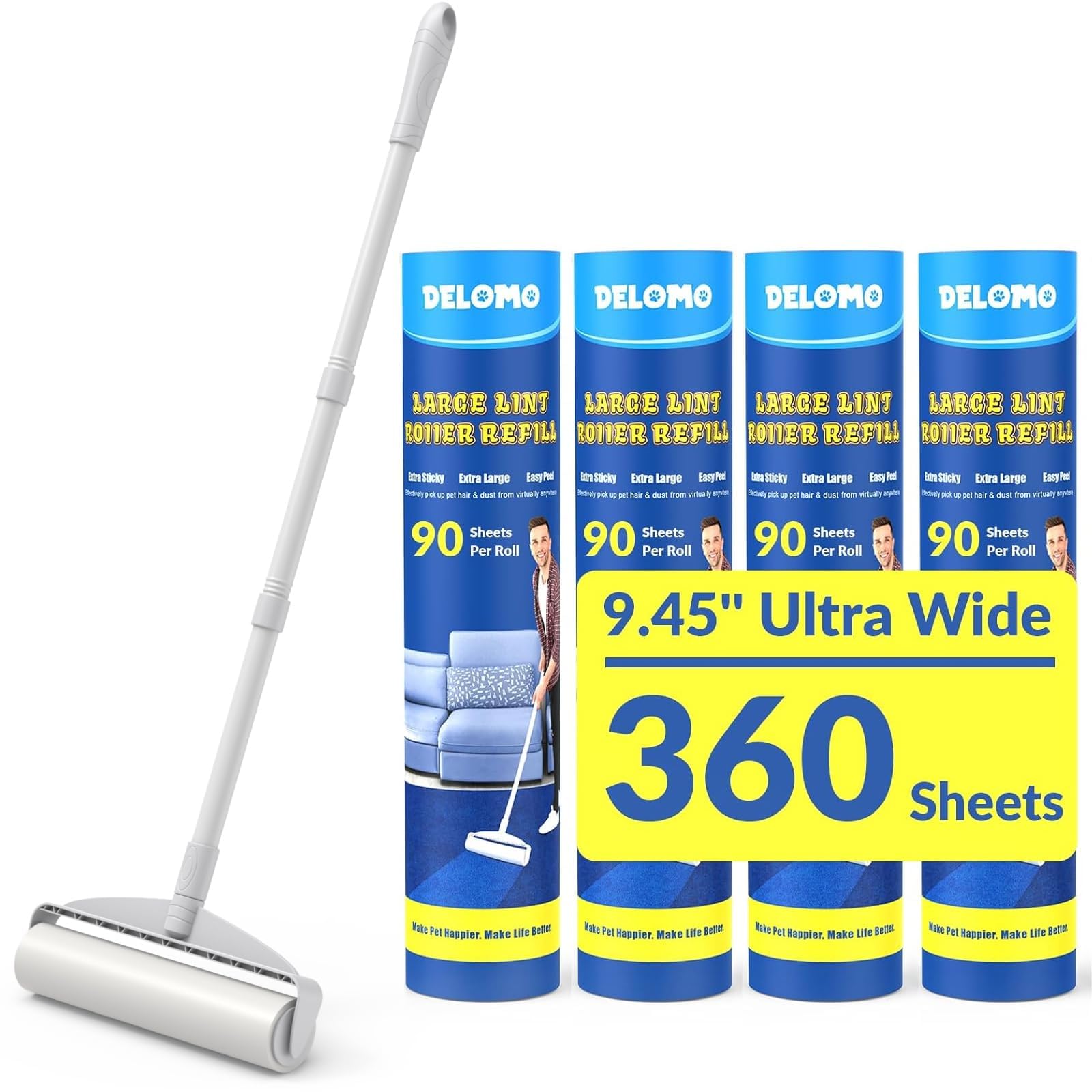 DELOMO 9.45” Large Lint Roller for Pet Hair, Long Handle for Floor & Carpet | 45