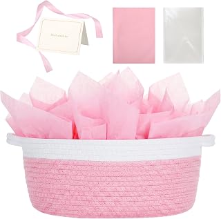 woric Baby Gift Baskets Empty 12"X 8" X 5" Small Pink Basket for Gifts | Cotton Woven Rope Basket for Baby Shower Wedding Toy Storage Women Girls Birthday (with Gift Bag Card Ribbon Tissue Paper)