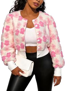 Flygo Women's Cropped Floral Print Bomber Jacket Warm Fleece Varsity Jacket Casual Button Down Puff Sleeve Coat Outerwear