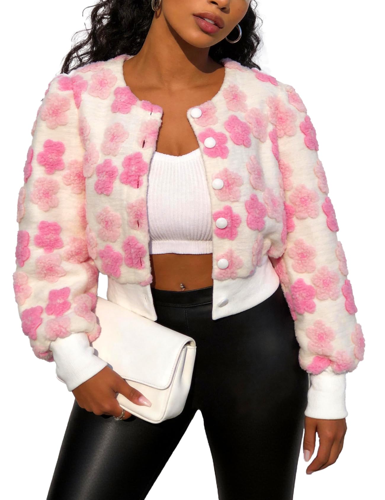 Flygo Women's Cropped Floral Print Bomber Jacket Warm Fleece Varsity Jacket Casu
