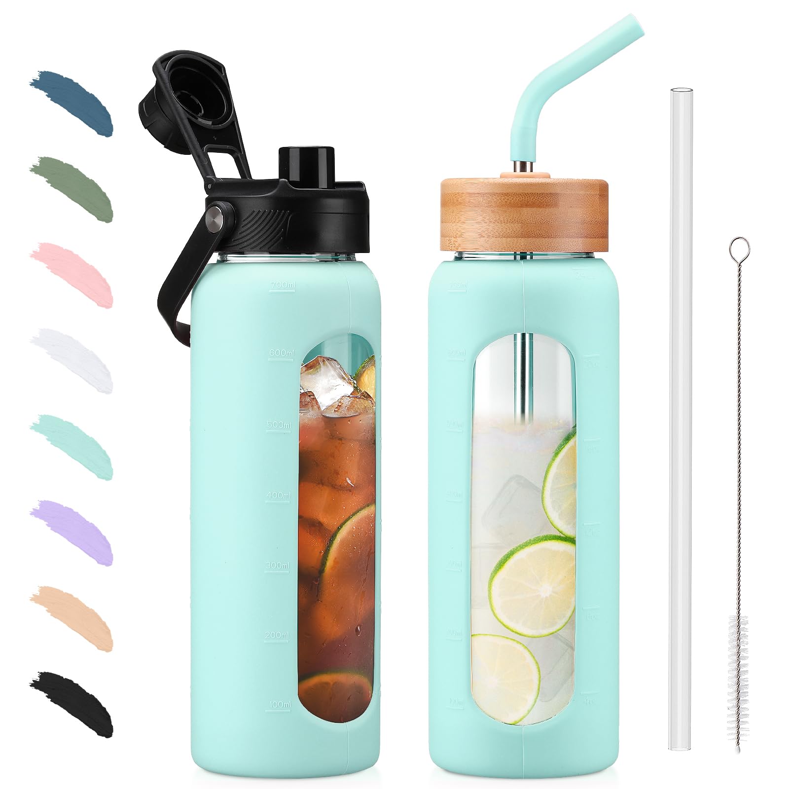 BLUEGO 700ml Glaswasserflasche mit Strohhalm und 2 Deckeln Kaffeetasse aus Glas 