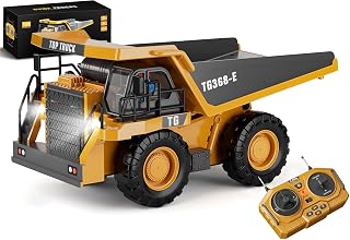 WELIN Remote Control Dump Truck Toys, Construction Vehicles with Metal Bed, 9-Channel RC Truck Games with Lights & Sound, Birthday Gifts for Kids Boys Ages 3-12