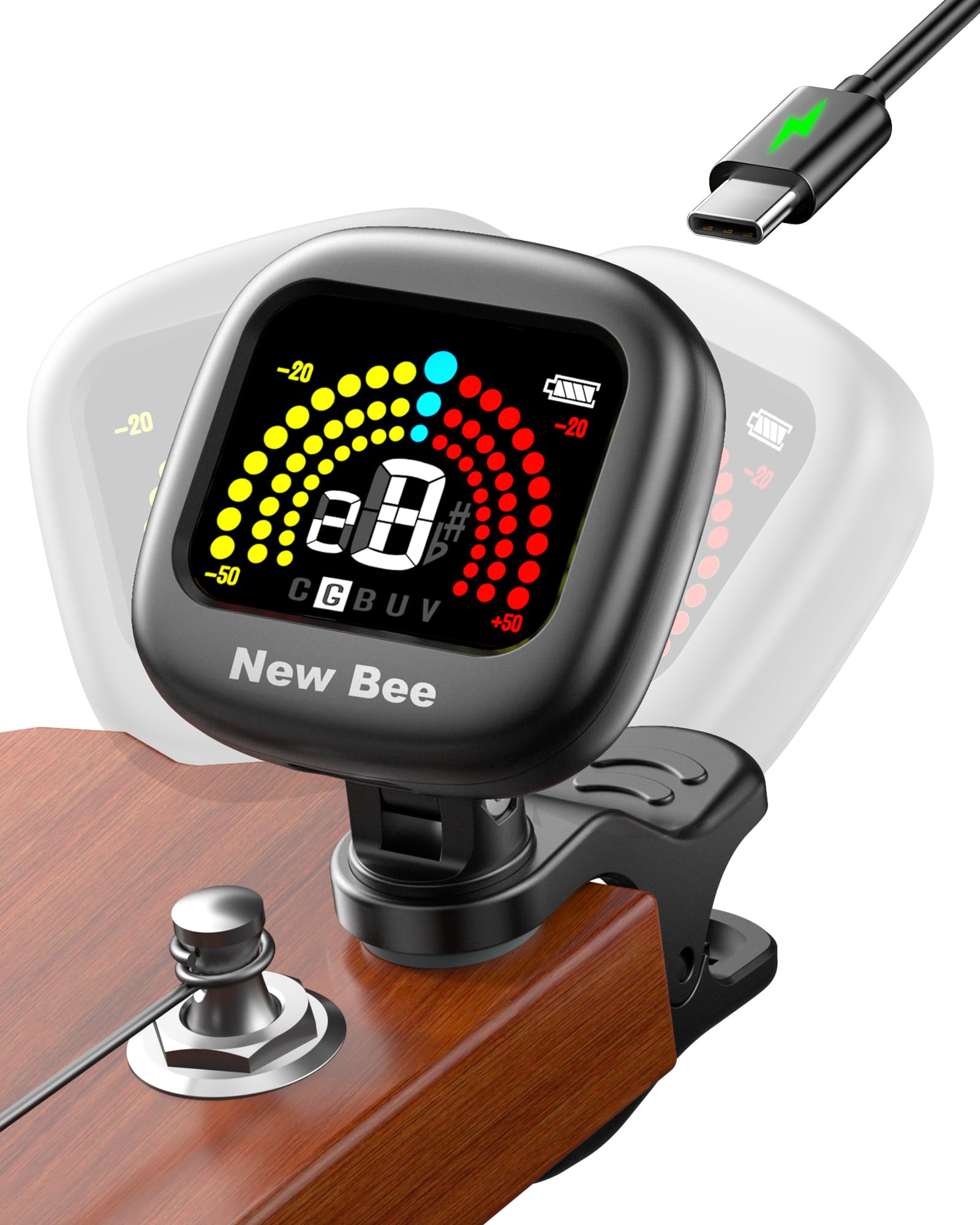 New Bee Guitar Tuner Clip On with Bright VA Display & Rechargeable, Black | 360°