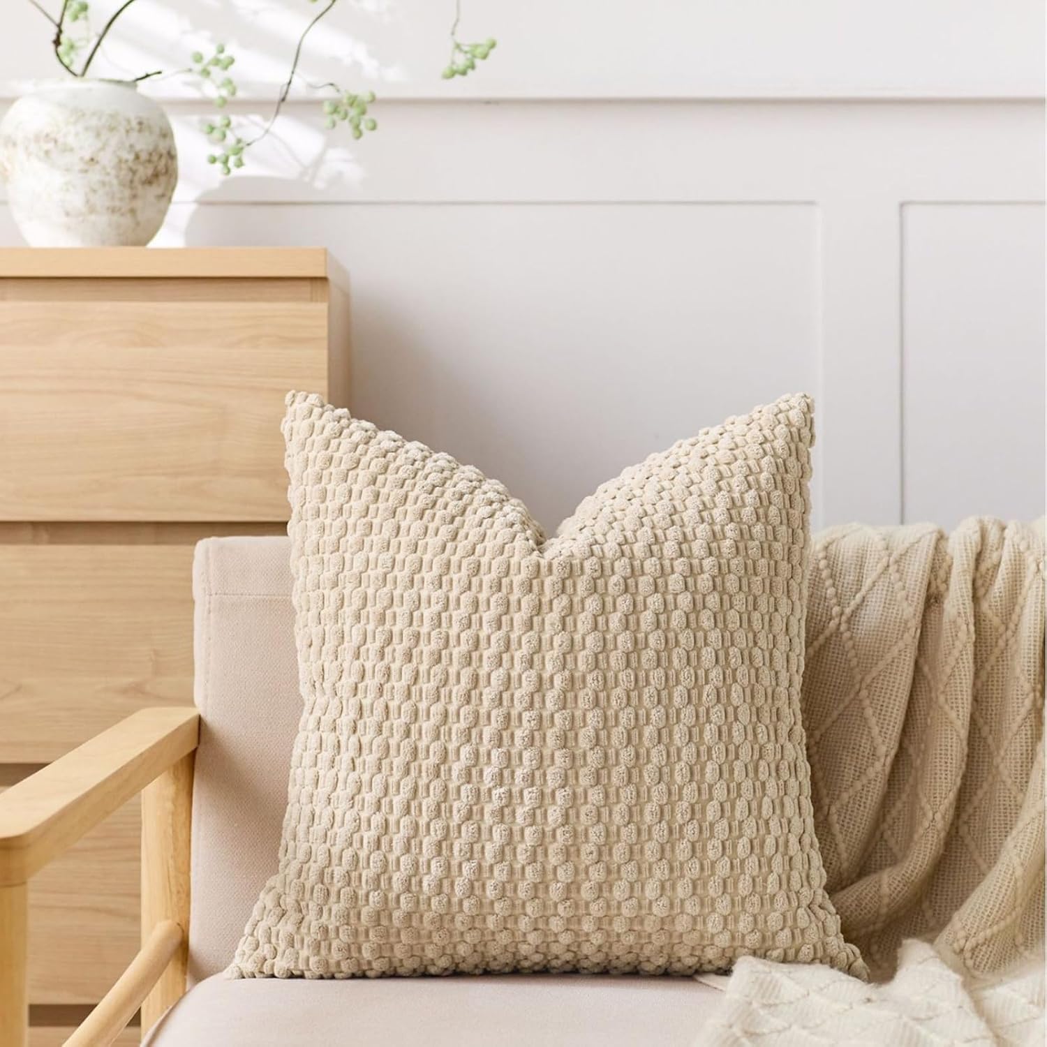 Warm Ivory Corduroy Decorative Throw Pillow Covers 18x18 1 Pack Soft Boho Square