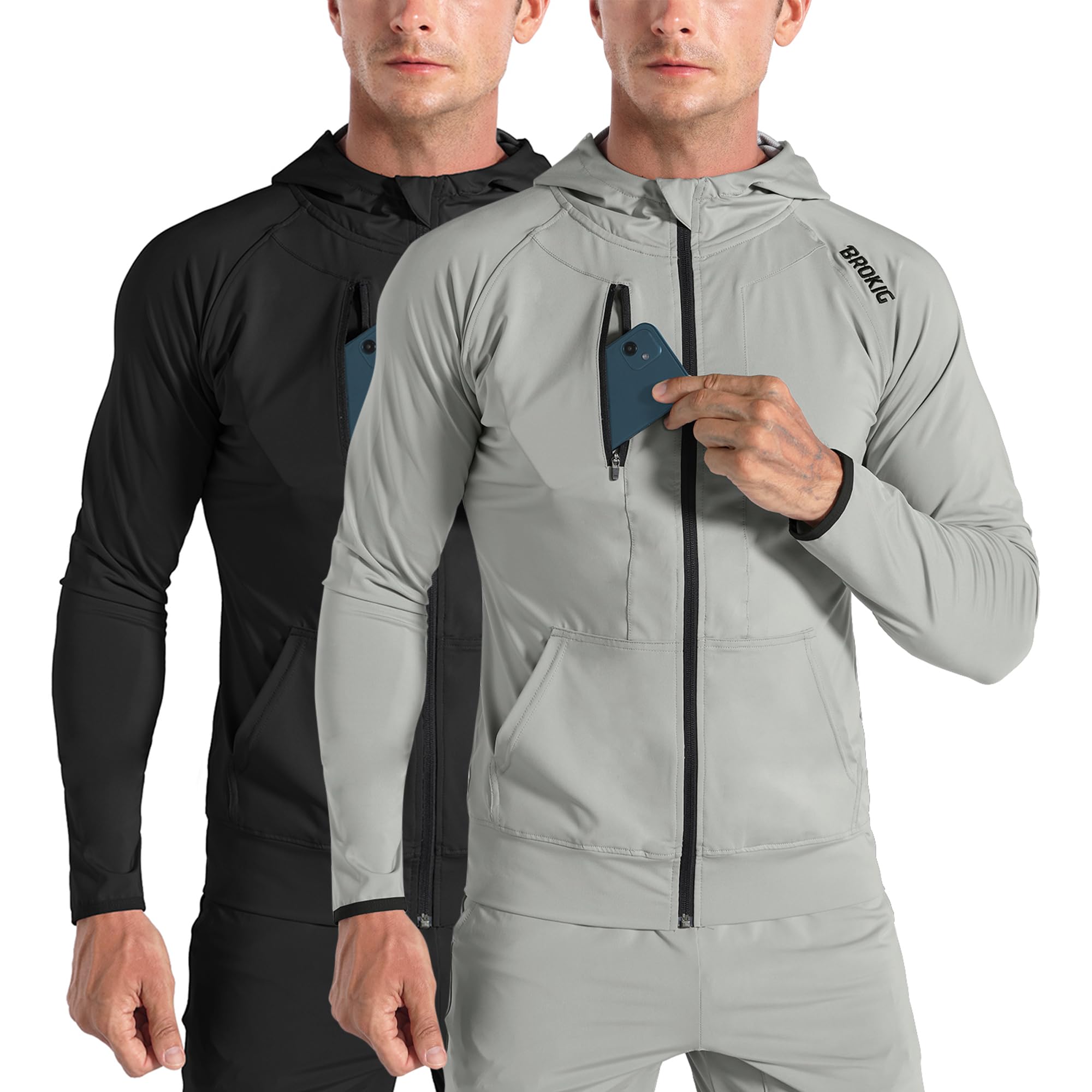 BROKIG Mens Zip Hoodies Gym Lightweight Running Jacket Sport Cycling Track
