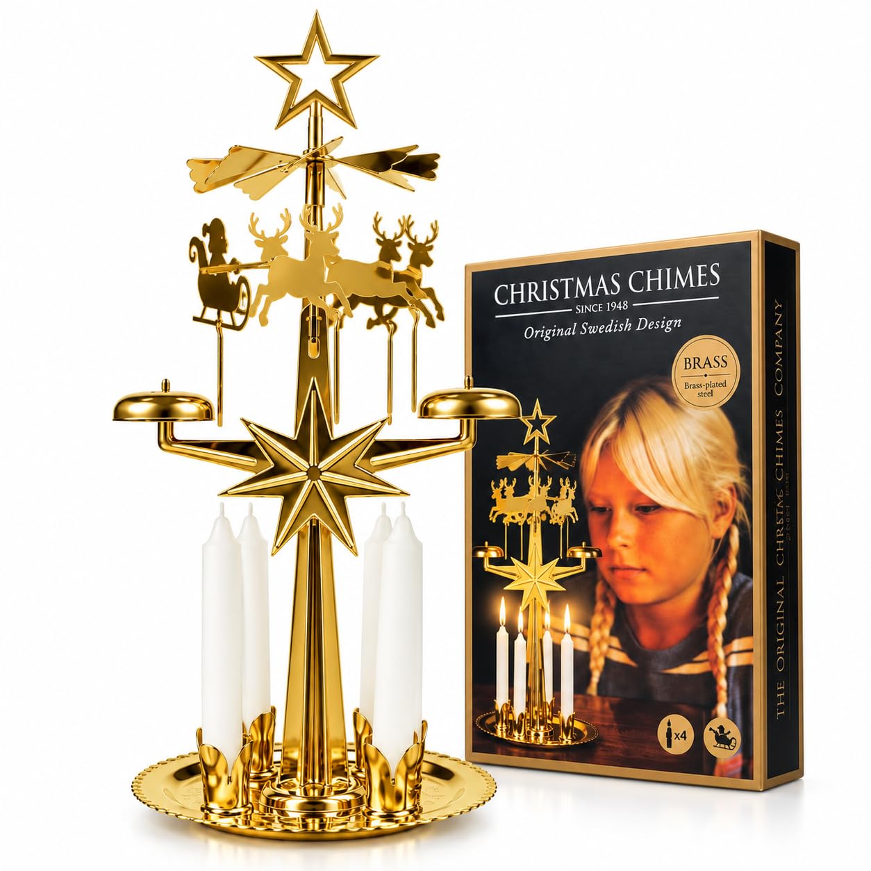 Original Swedish Christmas Chimes, Santa, Carousel and 4 Candles – Scandinavian 