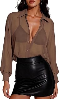 Prettywear Women Sheer Long Sleeve Top Sheer Mesh Oversized Sexy Trendy Button Down Shirt Tunic