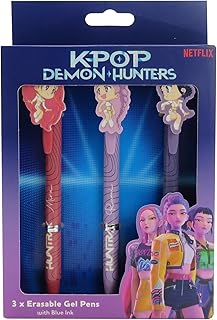 K Pop Demon Hunters Erasable Gel Pen 3 Pack, Official Licensed Anime K Pop Stationery Set, Retractable Erasable Ink Pens for School, Study, Office Writing Supplies, Cute Desk Accessories, Fan Gift