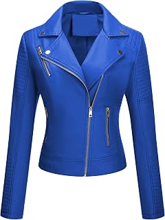 Bellivera Women's Faux Leather Short Jacket Belted Moto Casual Coat with Two Zipper Pockets