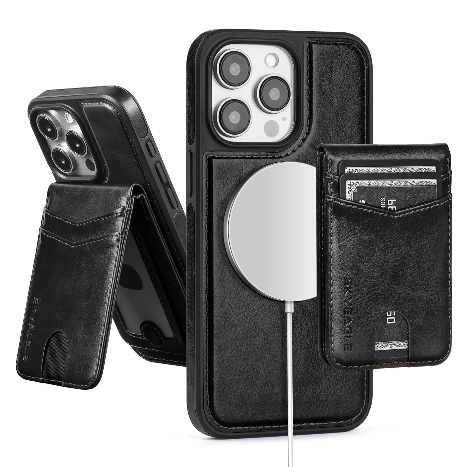 SkyEagle for iPhone 15 Pro Wallet Case with Card Holder,Black