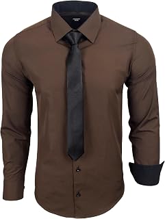 Subliminal Mode - Men's Long-Sleeved Shirt with Two-Tone Collar Plain + Black Tie Shirt Slim Fit Business Easy Iron RN77