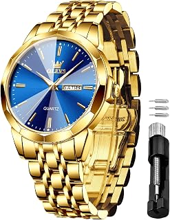 OLEVS Mens Fashion Stainless Steel Band Waterproof Big Dial Luminous Analog Wrist Watch 3615-:Gold-Blue