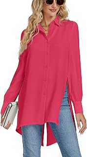 LYANER Women Collar V Neck Split Hem Button Down Long Sleeve Shirt Blouse Tunic Top