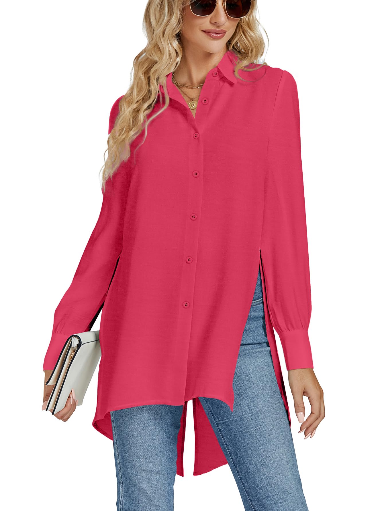 LYANER Women Collar V Neck Split Hem Button Down Long Sleeve Shirt Blouse Tunic 