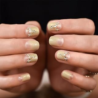 Glossy Pre-Designed Yellow French Press Nail Short Square Acrylic False Nails 3D Rhinestone Glitter Fake Nail Art Tips Manicure Kit