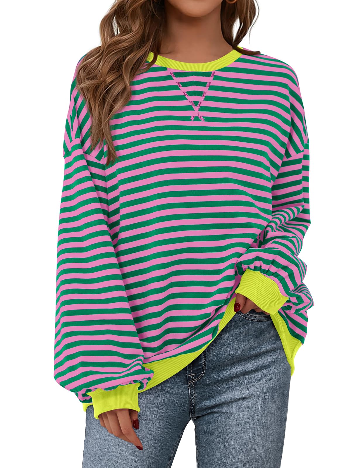 PRETTYGARDEN Womens Striped Oversized Sweatshirt Lightweight Fall Clothes