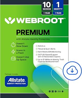 Webroot Premium 2026 with Allstate Identity Protection | 10 Device, 1 Year | Antivirus and Internet Security Software, Advanced Dark Web Monitoring, Password Manager | NEW [Online Code]