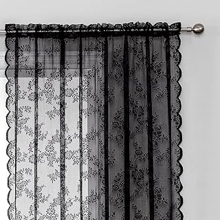 Curtain,Rusitc Floral Vintage Lace Sheer Curtains for Living Room,Rod Pocket Light Filtering Privacy Vintage Sheer Window Curtain (Black)