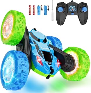 Hamdol Remote Control Car Double Sided 360°Rotating 4WD RC Cars with Headlights 2.4GHz Electric Race Stunt Toy Car Rechargeable Toy Cars for Boys Girls (Blue&Green, Glow(Headlights & Wheel Lights))