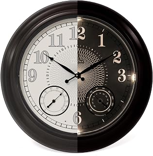Large Outdoor Patio Clock - Illuminated Waterproof Thermometer, 24 Inch | Weatherproof metal frame, smart LED sensor night light, temperature and humidity display, easy to read for pool, garden