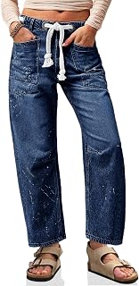 Cicy Bell Womens Baggy Barrel Horseshoe Jeans Wide Leg Drawstring Vintage Denim Pants with Front Pockets