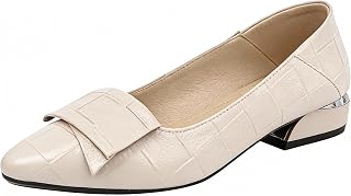 Women's Toe Block Heel Checkered Leather Pumps Soft Sole Ballet Flats