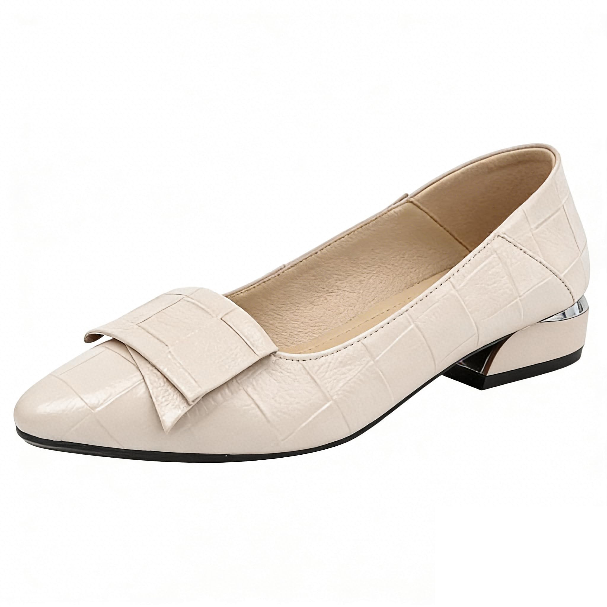 Women's Toe Block Heel Checkered Leather Pumps Soft Sole Ballet Flats
