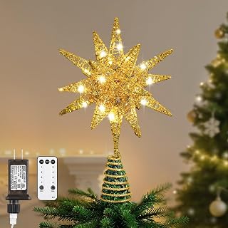 Lewondr Christmas Tree Topper, Plug 3D Starburst Lighted Star Tree Topper | 11" Vintage Moravian Xmas Tree Topper for Christmas Decoration, Remote & Timer & 8 Light Modes, Warm Light, Champagne Gold