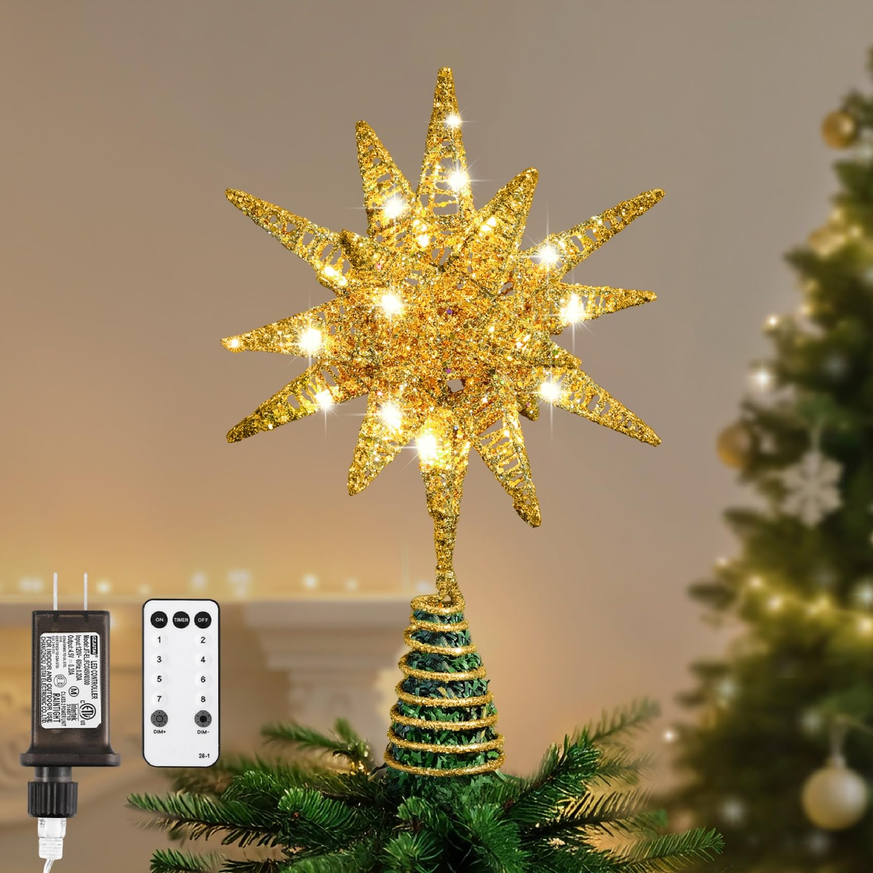 Lewondr Christmas Tree Topper, Plug 3D Starburst Lighted Star Tree Topper | 11" 