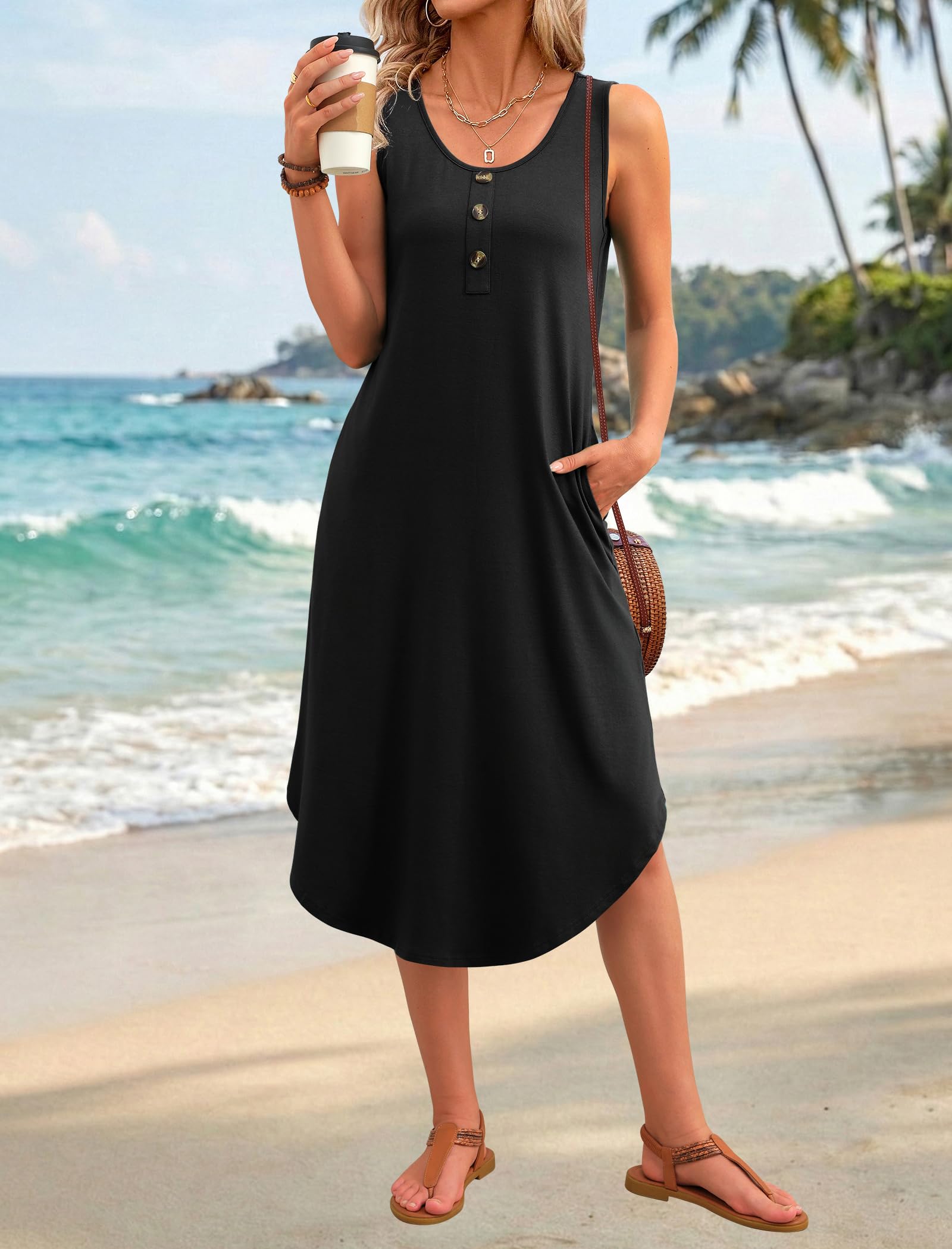 Summer Dresses for Women 2026 Button Front Sleeveless Casual Midi Dress Beach Va