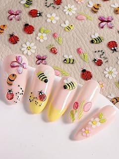 2pcs Cute Animal Bee Insect Nail Art Stickers 3D Jelly Glue Self Adhesive Spring Plant Flower Design Nail Decals for Women Nail Supplies Manicure DIY Nail Decoration