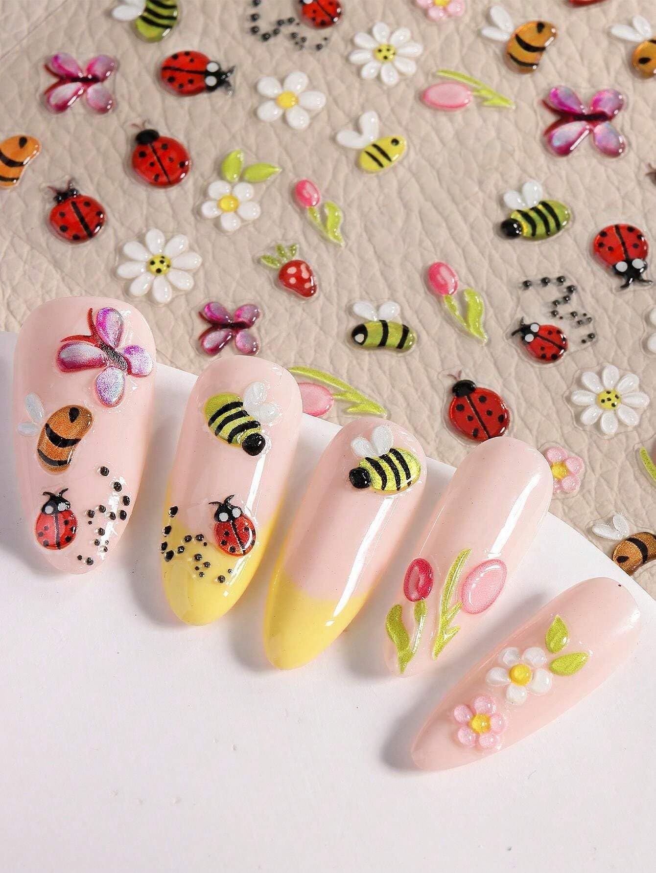 2pcs Cute Animal Bee Insect Nail Art Stickers 3D Jelly Glue Self Adhesive Spring
