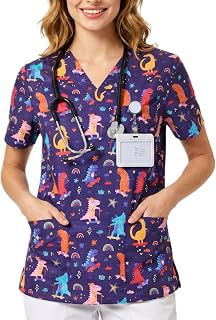Scrub Tops for Women, V Neck Printed Shirts with 3 Pockets, Soft & Durable Fabric