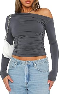 Darong Women's Casual Long Sleeve Boat Neck Off Shoulder Crop Top Slim Fit Outwear Shirts 2000