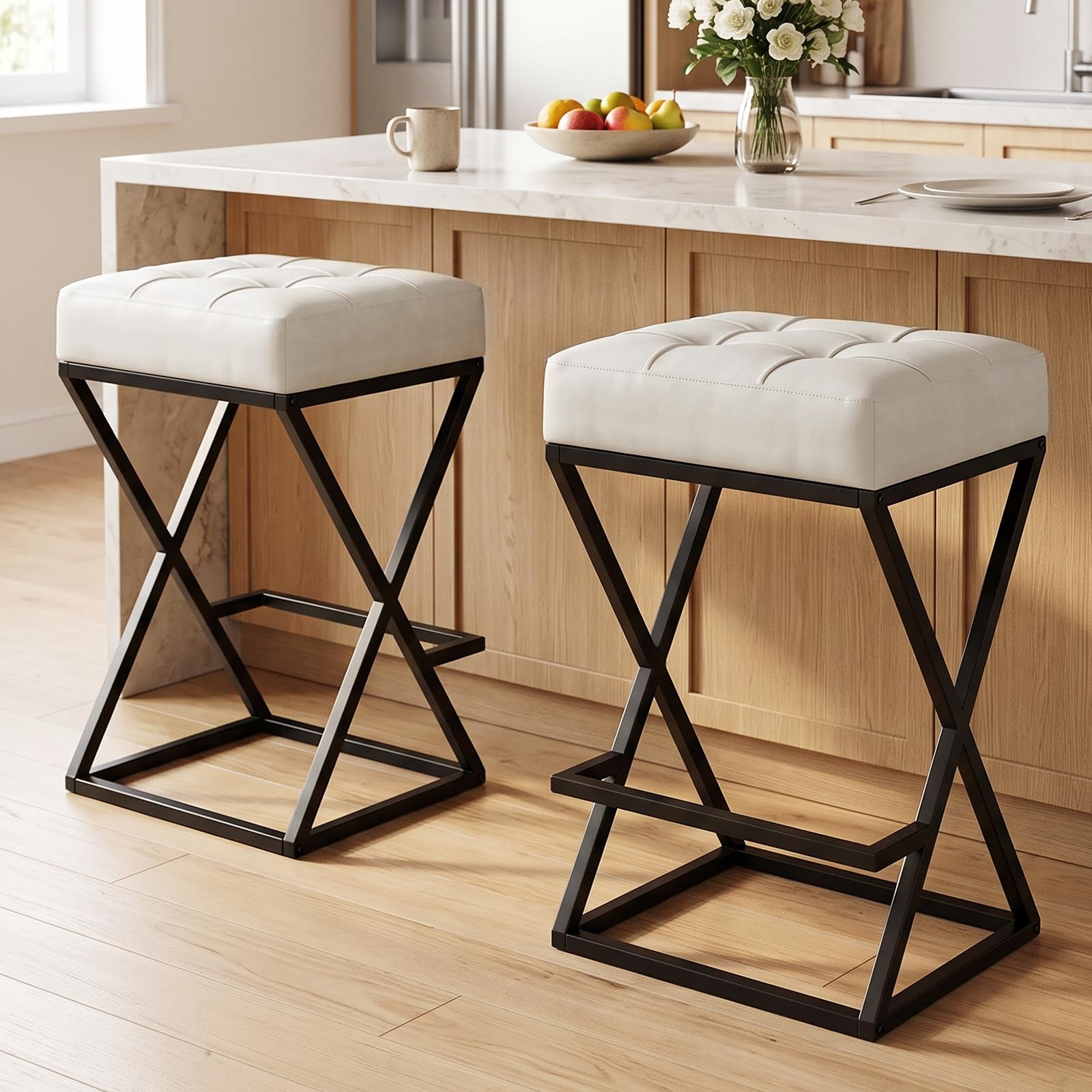VATROS Bar Stools Set of 2, 26 Inch Counter Height Faux Leather Cream White | Ba