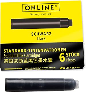 ONLINE Standard Ink Cartridges, Universal Fountain Pen Ink Compatible with All Standard Fountain Pens, Replacement Cartridges for Fountain Pen and Rollerball 6 Pack Colour Black