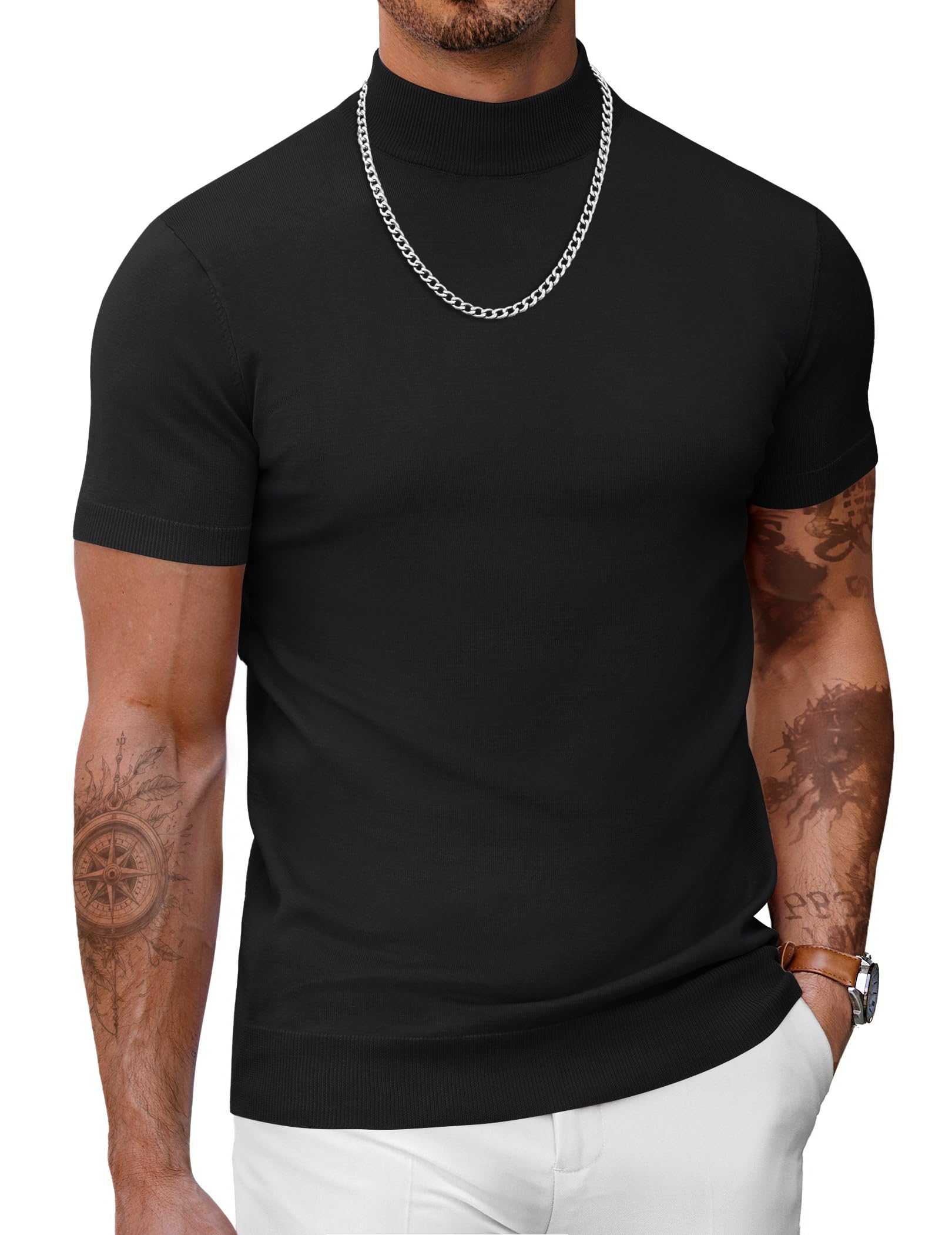 COOFANDY Men's Knitted T Shirt Turtleneck Short Sleeve Slim Fit Slim Fit Casual 