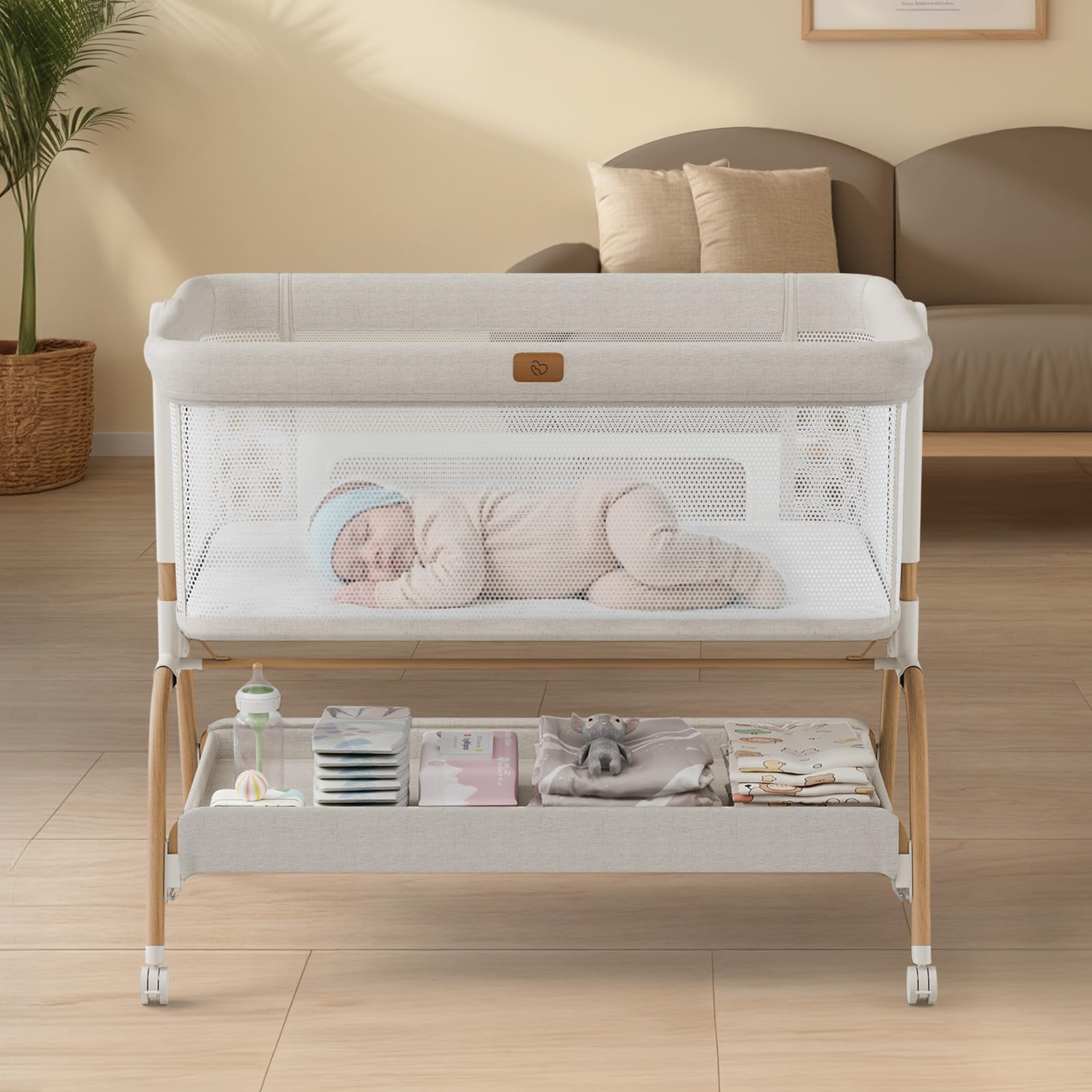BabyBond Bassinet Bedside Crib, Stable and Secure Crib for Newborns, Beige | 3-i