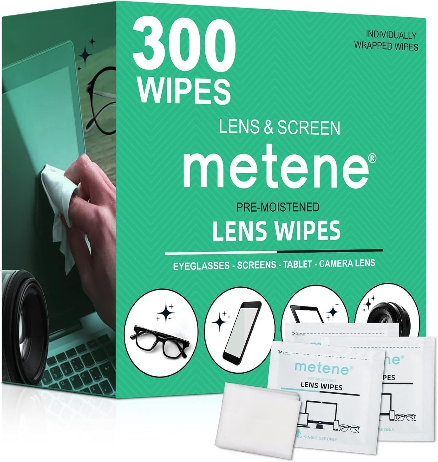 Metene Lens Cleaning Wipes, 300 PCS Individually Wrapped Glasses Wipes | Pre-Moi