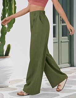 Ladies Wide Leg Work Trousers Elastic Waist Palazzo Trousers with Pockets
